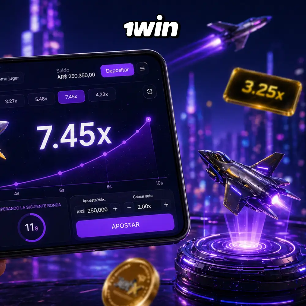 Interfaz del juego JetX en 1win con avión despegando y multiplicador en pantalla